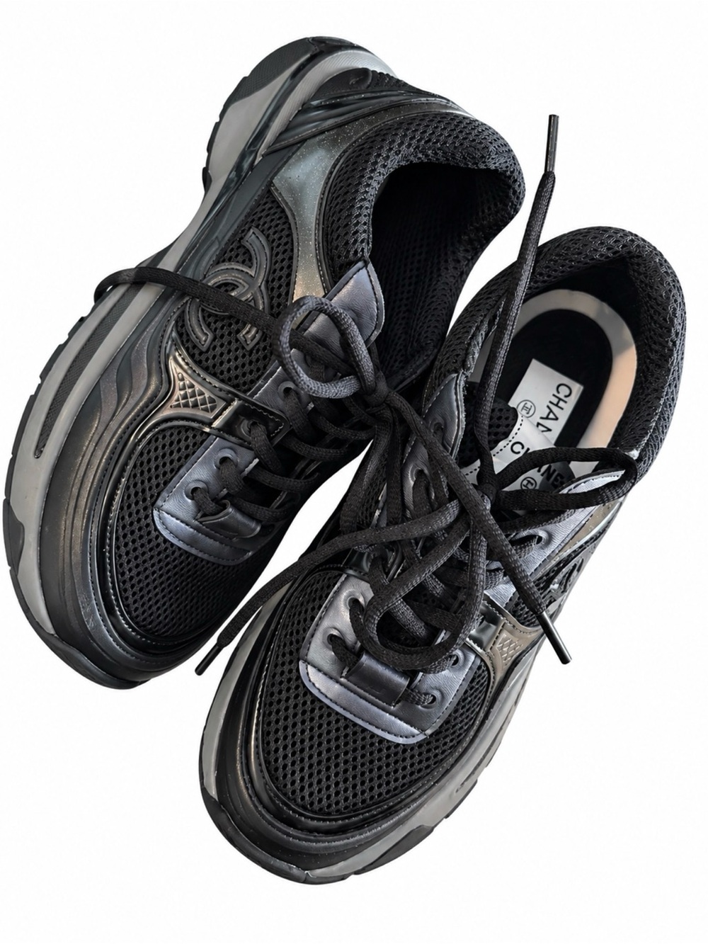 CHANEL Black Mesh & Glossy Leather Men's Sneakers